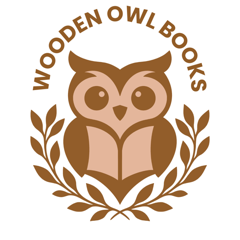 Wooden Owl Books logo: an owl reading a book inside a laurel wreath